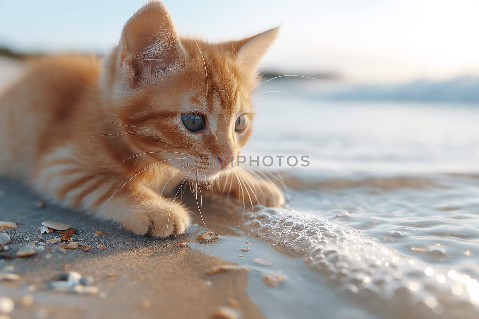 orange kitten relaxing on a sunny day at the beach