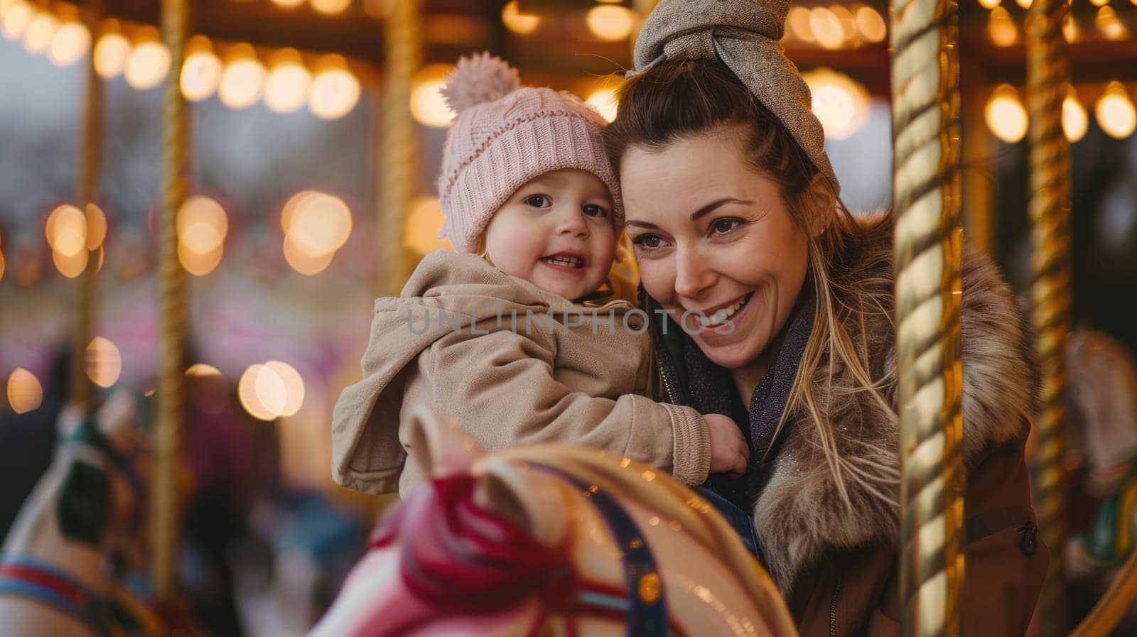 Beautiful mother and daughter ride carousel. Travel and family fun AI