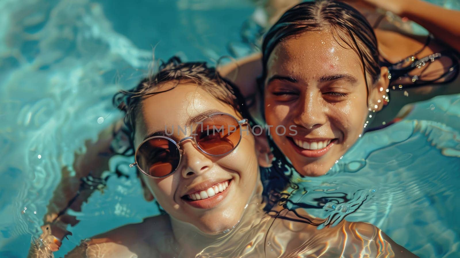 Two happy girlfriends swimming in the pool during vacation AI