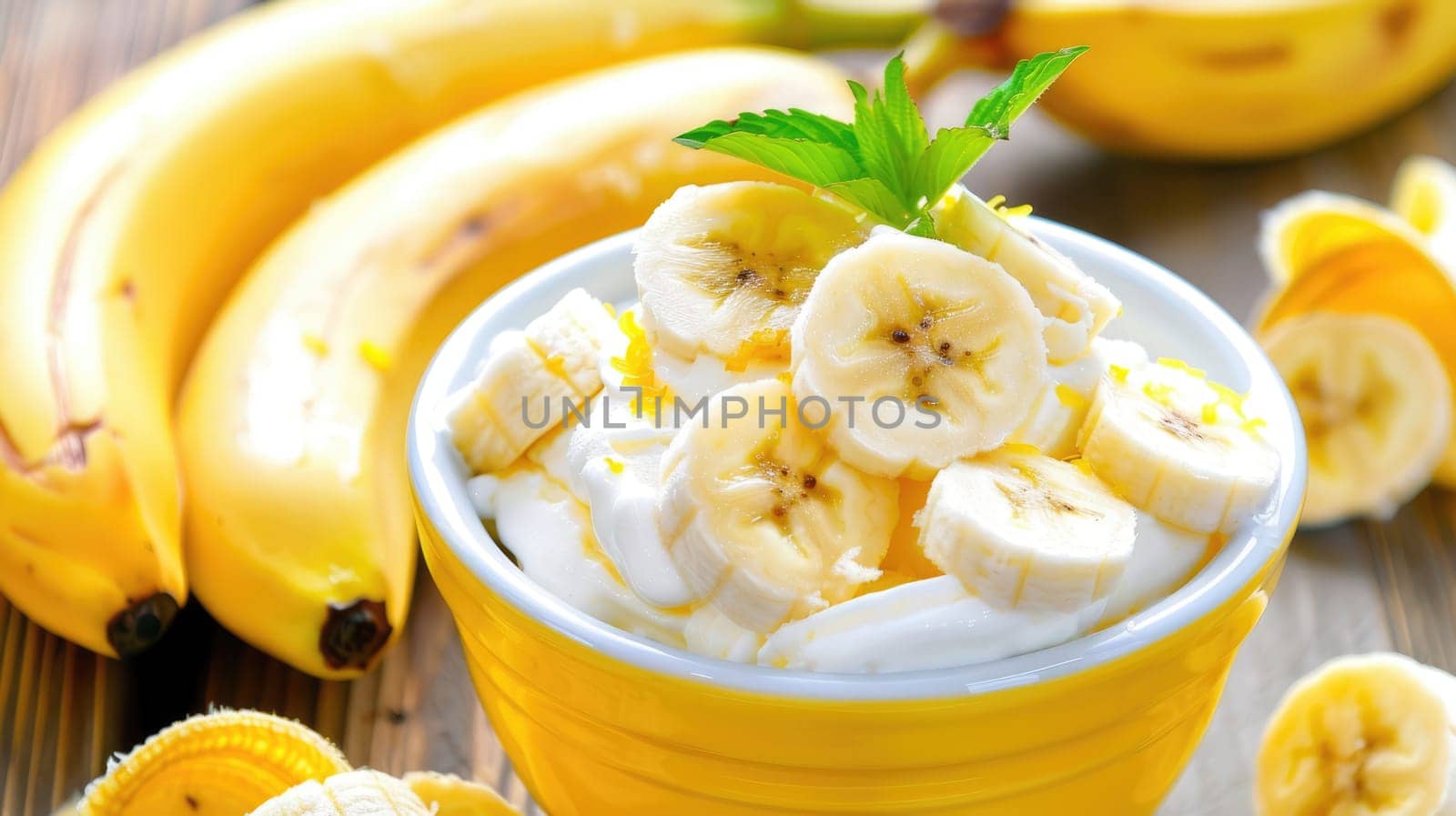 Healthy breakfast of yogurt with banana. Banana smoothie AI