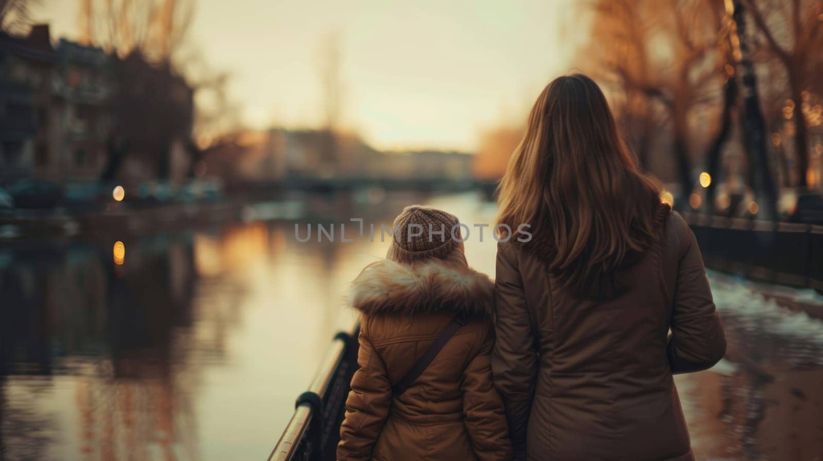 Mother and daughter walk along the embankment on a cool autumn evening AI