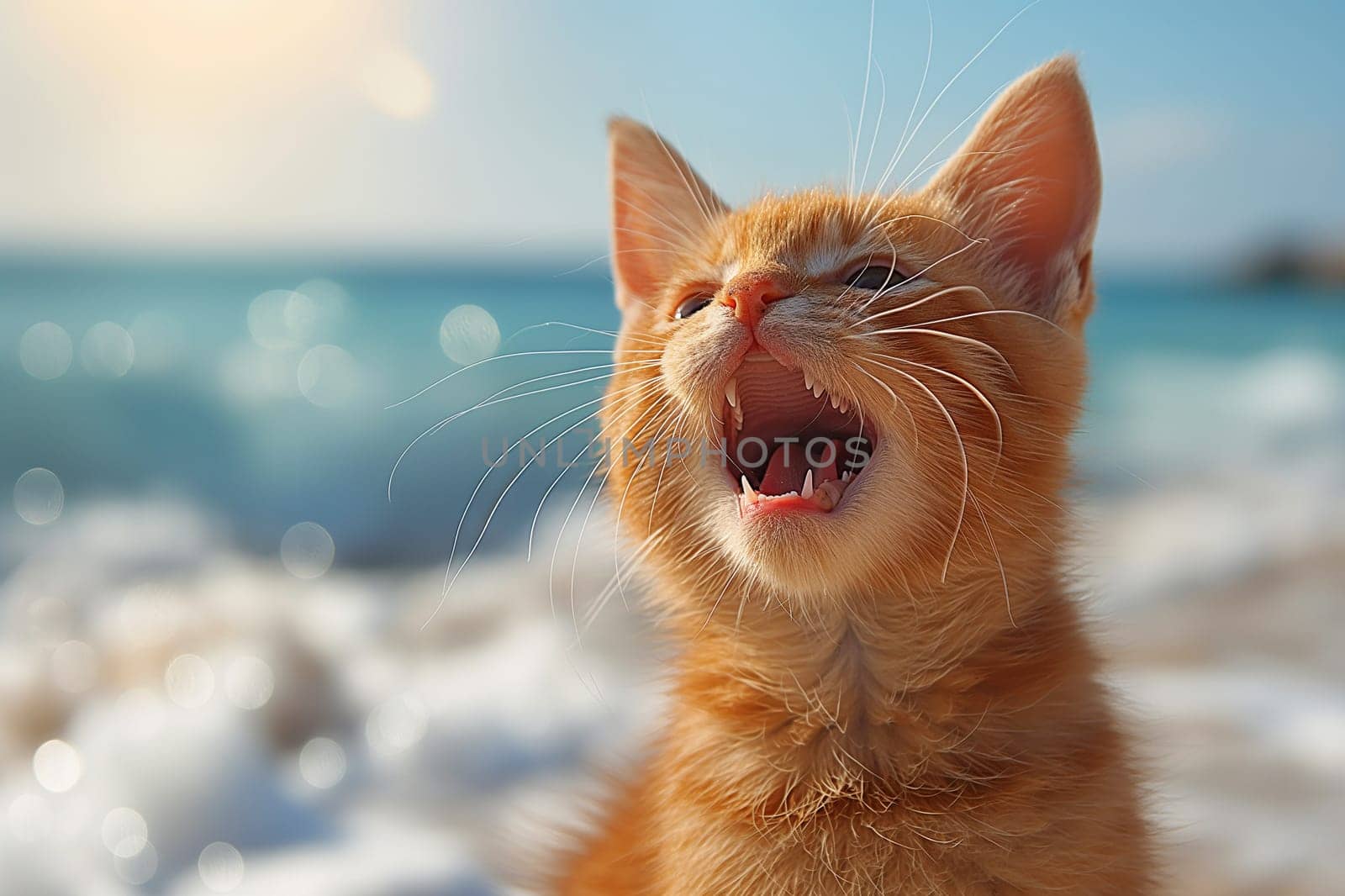 An orange cat yawing at the beach