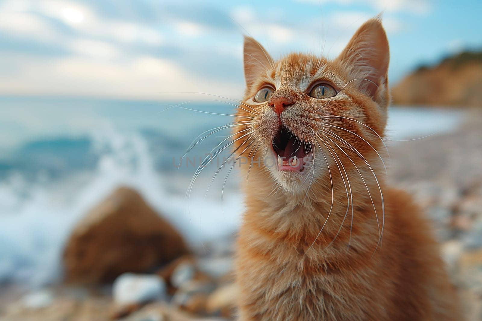 A surprise orange cat, yawing feline at beach, on sand