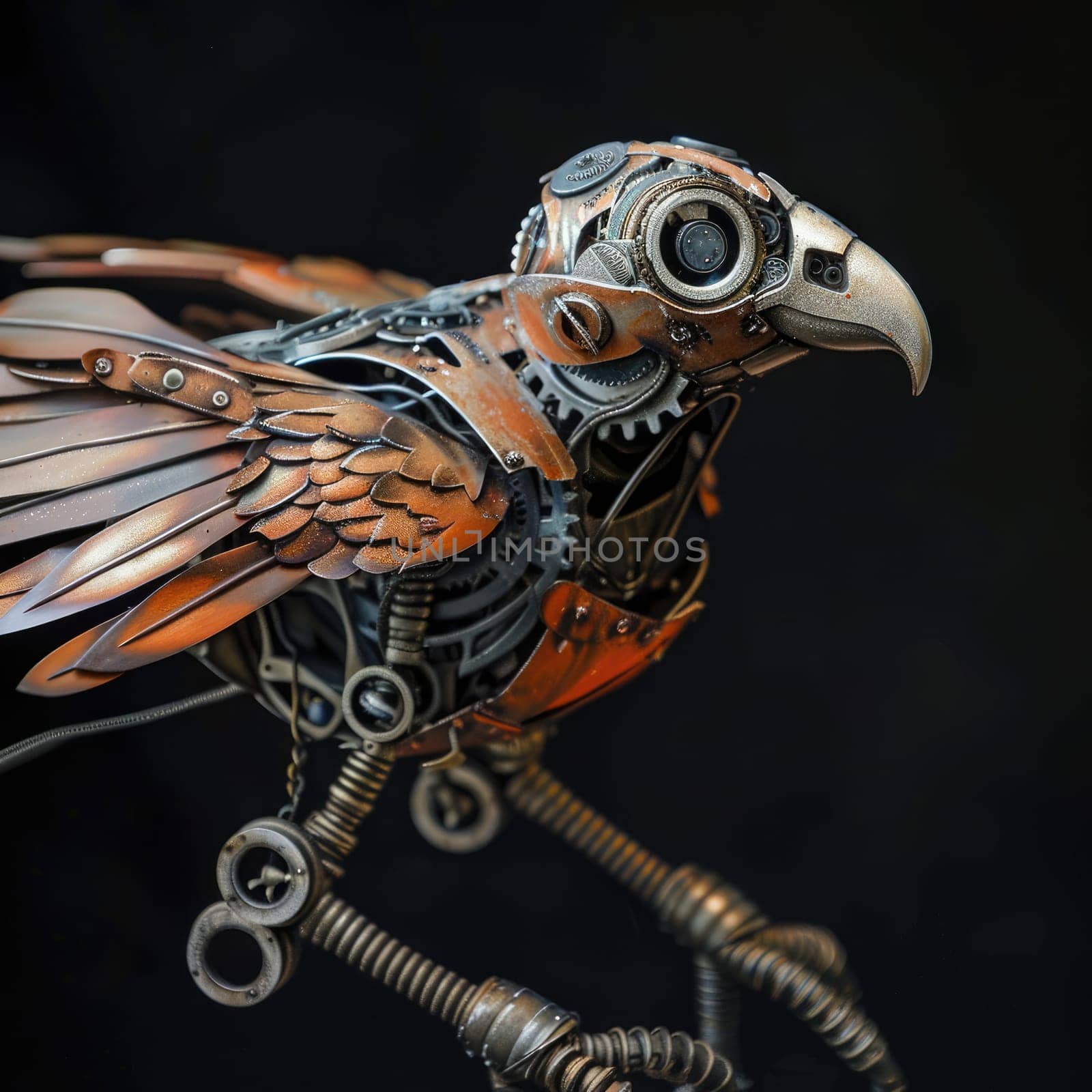Sculpture of a eagle bird made out of metal pieces, with a shiny beak and detailed wings AI