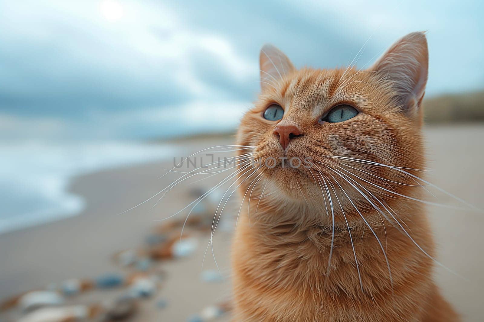 An orange cute cat at the beach on a sunny day