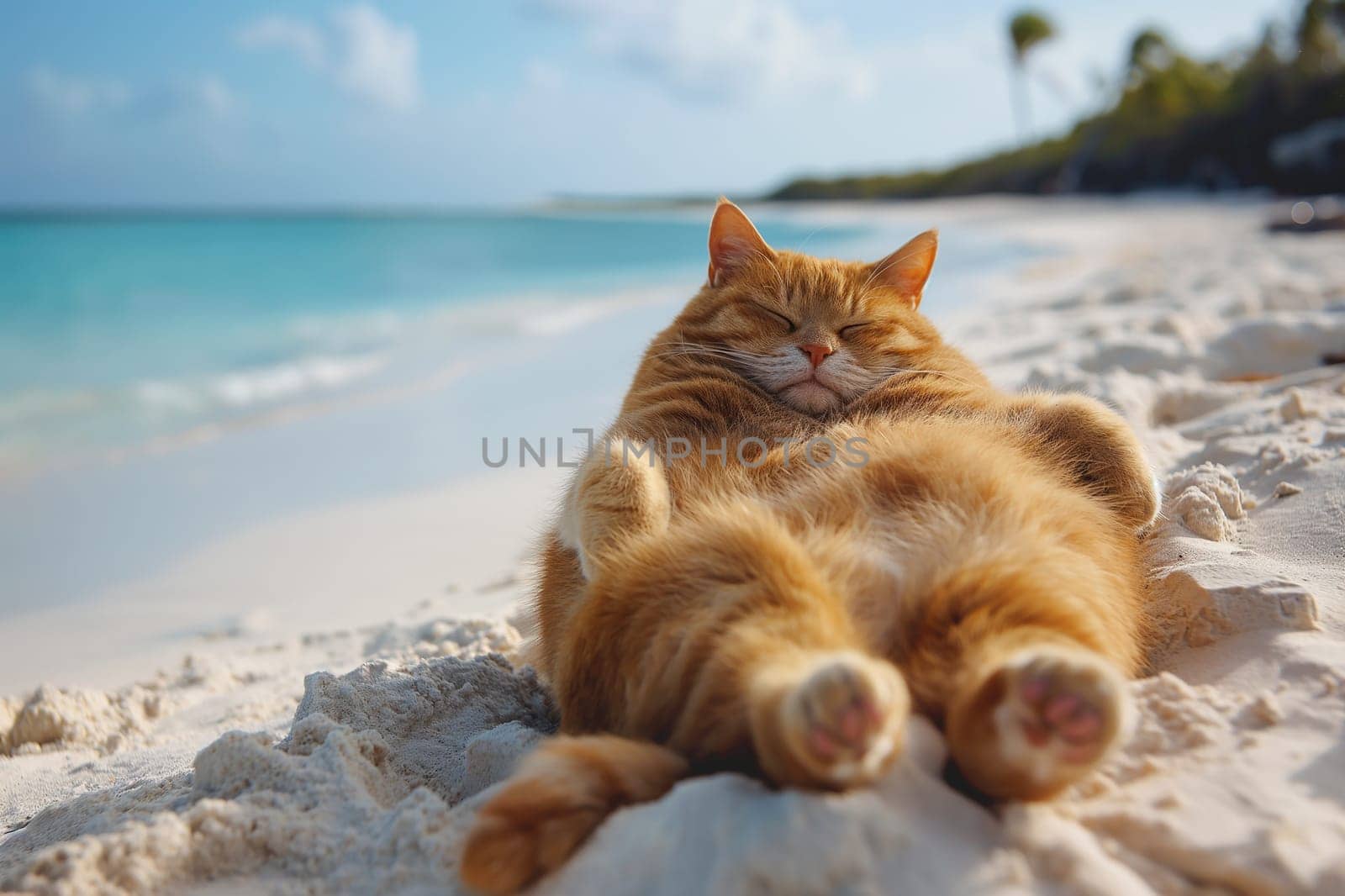 Orange fat cat relax on a sand beach lay on sand