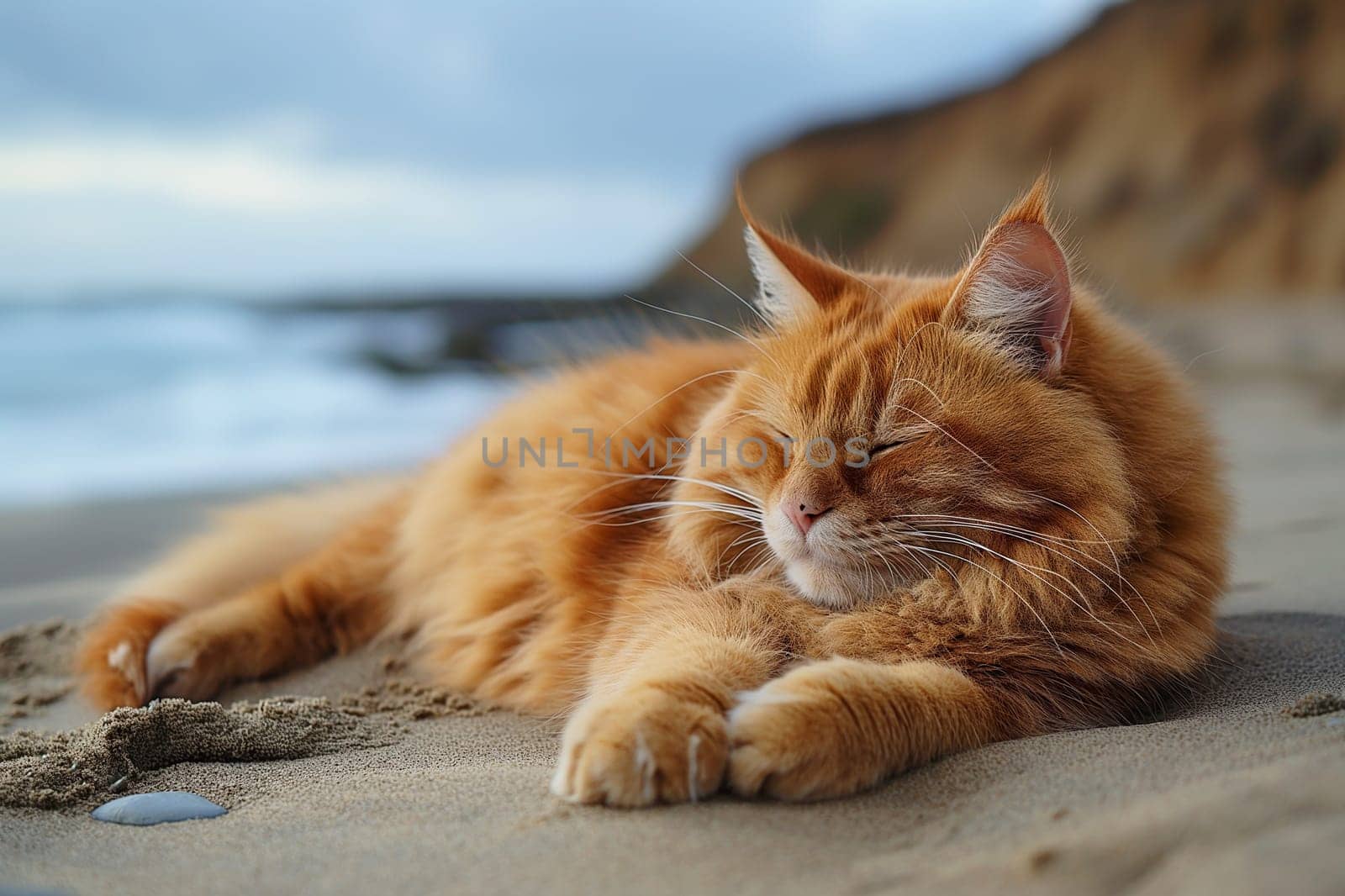 Orange fat cat relax on a sand beach, sleeping