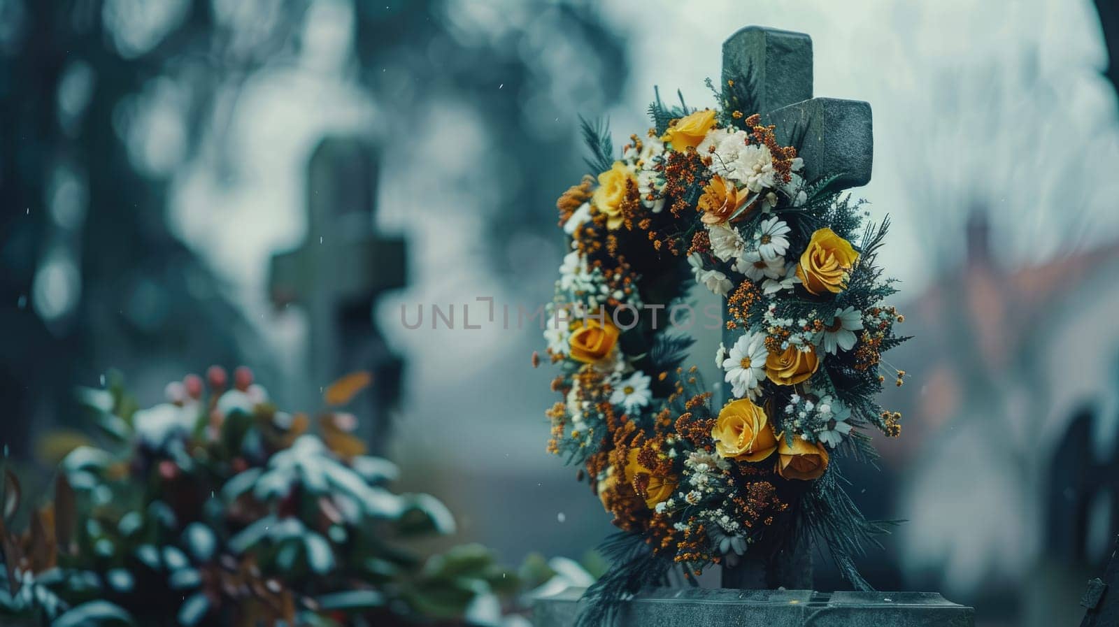 A funeral wreath against the background of a monument to the deceased AI