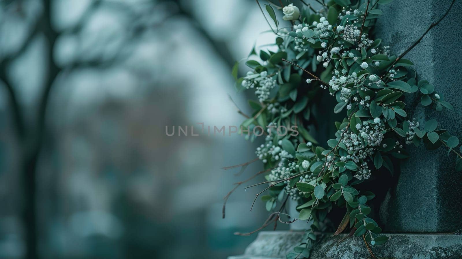 A funeral wreath against the background of a monument to the deceased by natali_brill