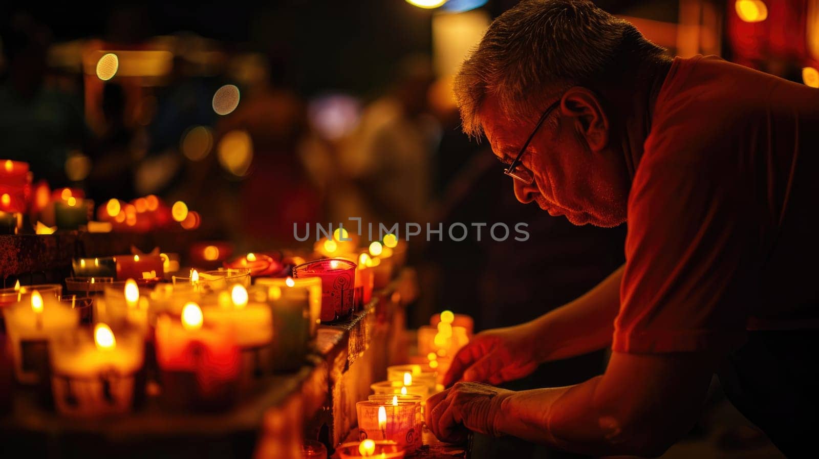 A man lights a candle in memory of the deceased AI