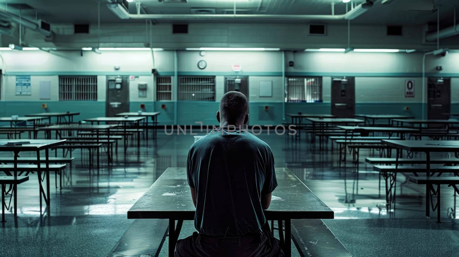 A lonely prisoner sits in the prison dining room. Gloomy room, view from the back. AI