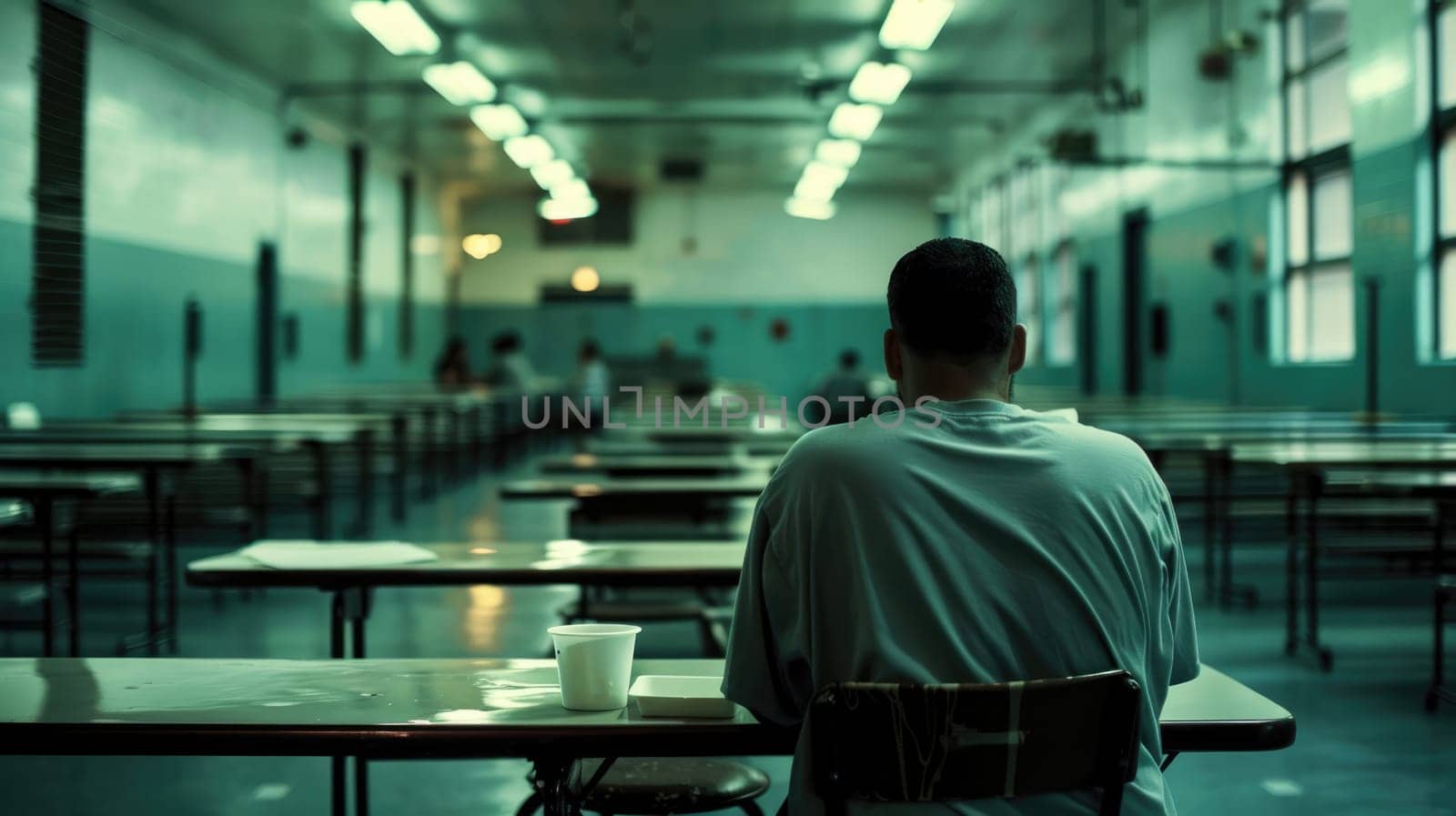 A lonely prisoner sits in the prison dining room. Gloomy room, view from the back. AI