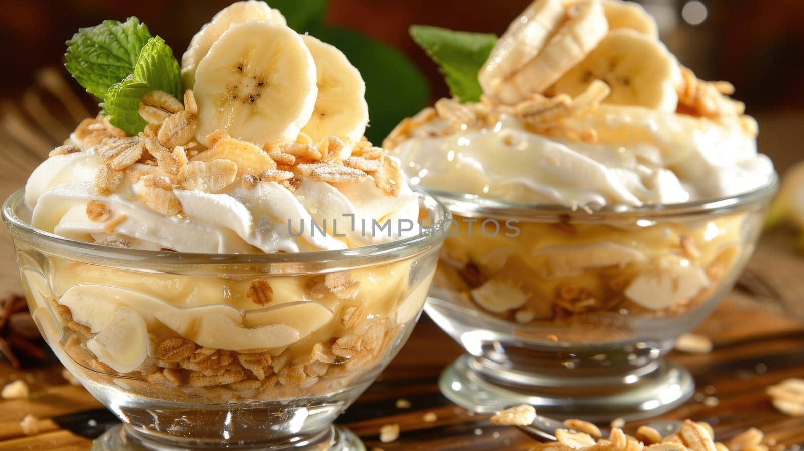 Healthy breakfast of yogurt with banana. Banana smoothie AI