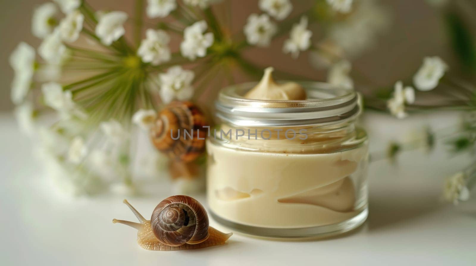 Rejuvenating cream. Snail next to a jar of cream AI