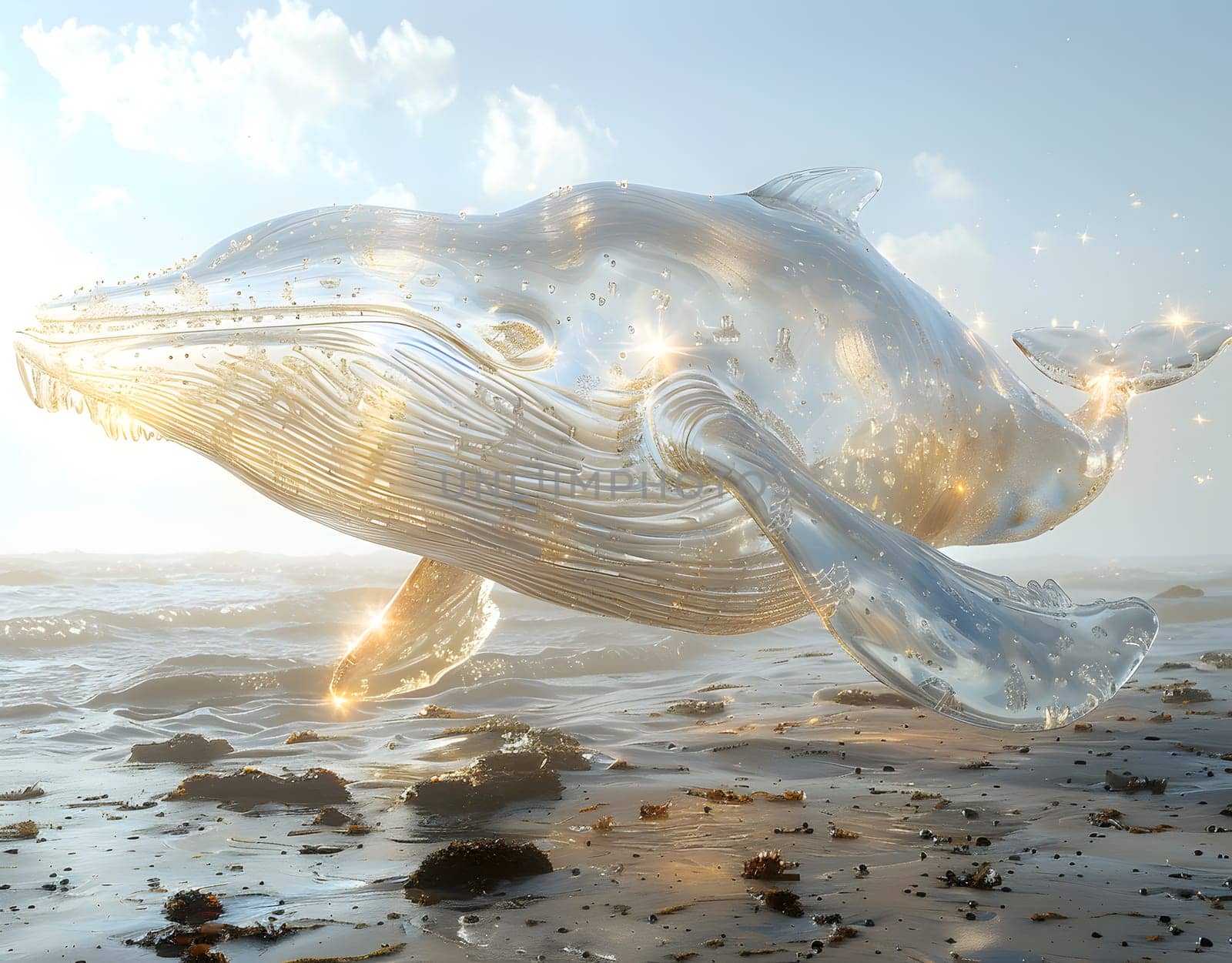 Plastic whale hovers above beach, resembling Kemps ridley sea turtle in the sky by Nadtochiy