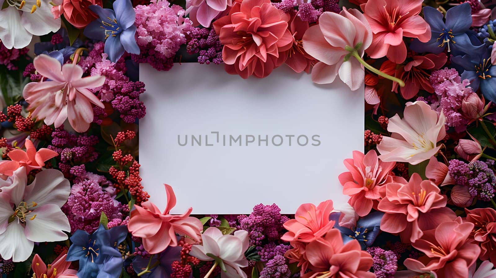 A white card is artfully placed among a vibrant display of colorful flowers, including pink and magenta petals, creating a beautiful contrast in the garden