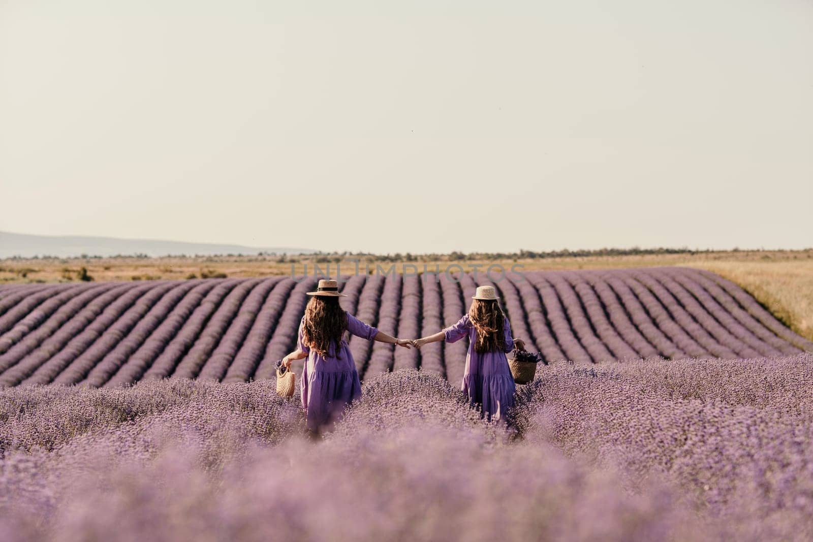 Mom and daughter are running through a lavender field dressed in purple dresses, long hair flowing and wearing hats. The field is full of purple flowers and the sky is clear. by Matiunina