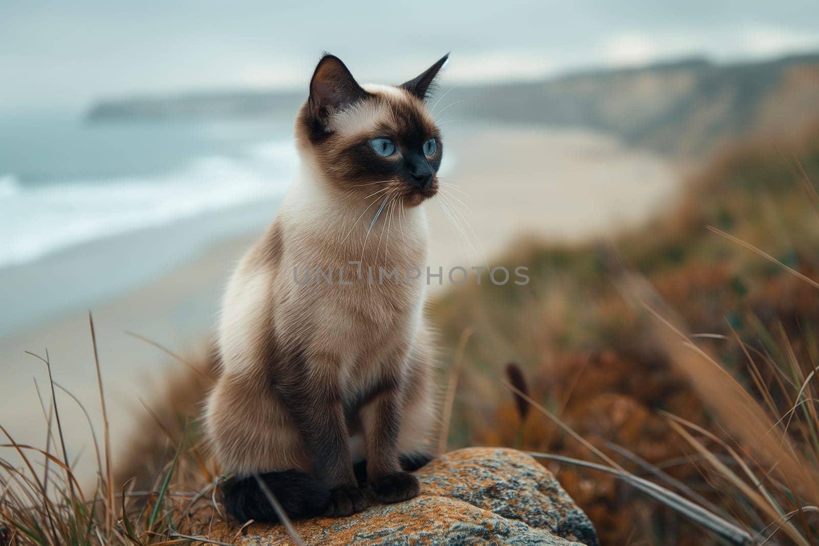 Siamese cat on the beach watching the landscape in a sunny day
