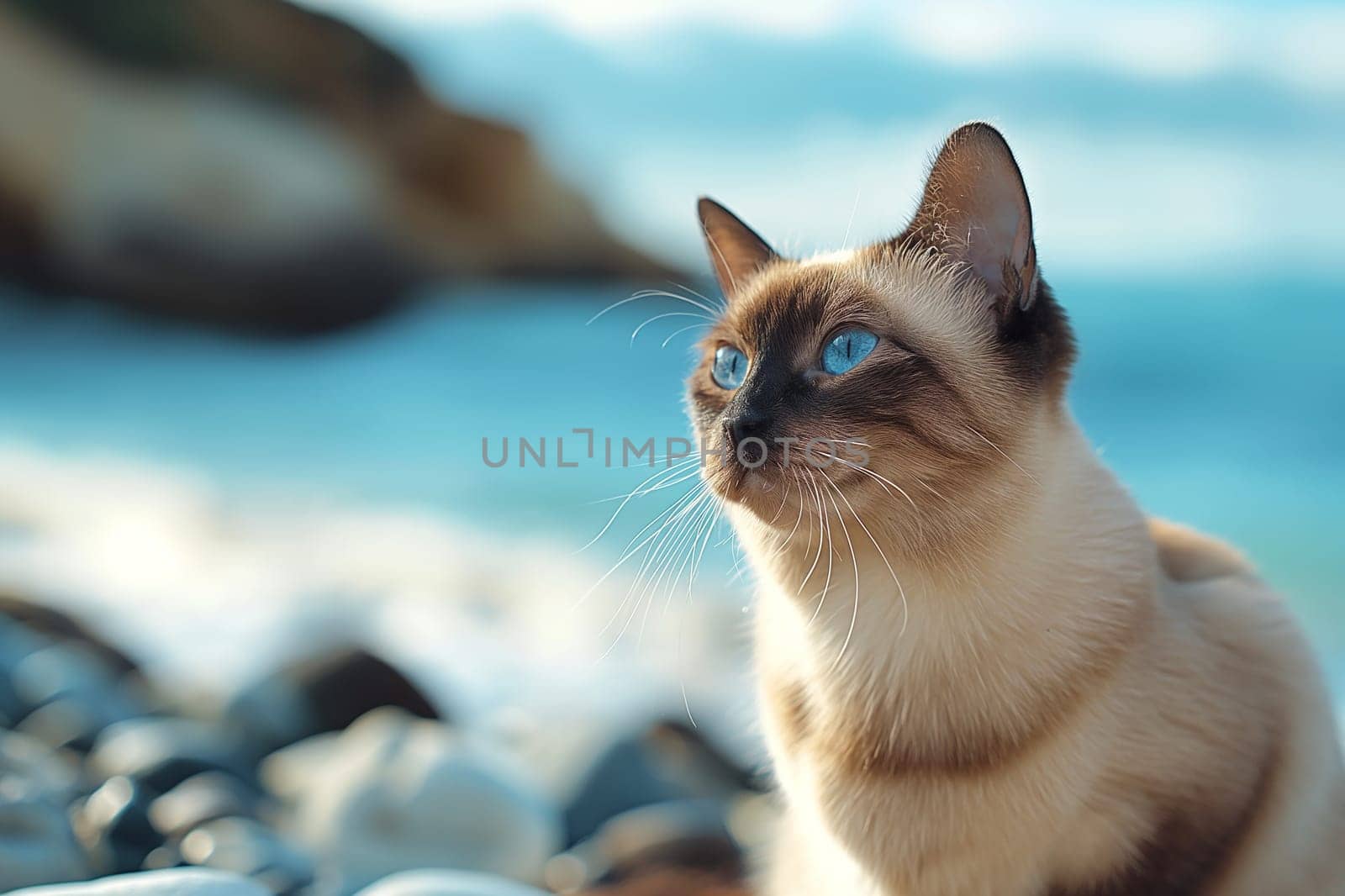 Siamese cat on the beach watching the landscape in a sunny day