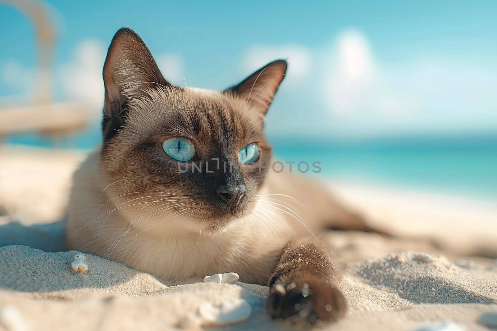 A serene calico cat relaxing on a sandy beach with a clear blue sky.