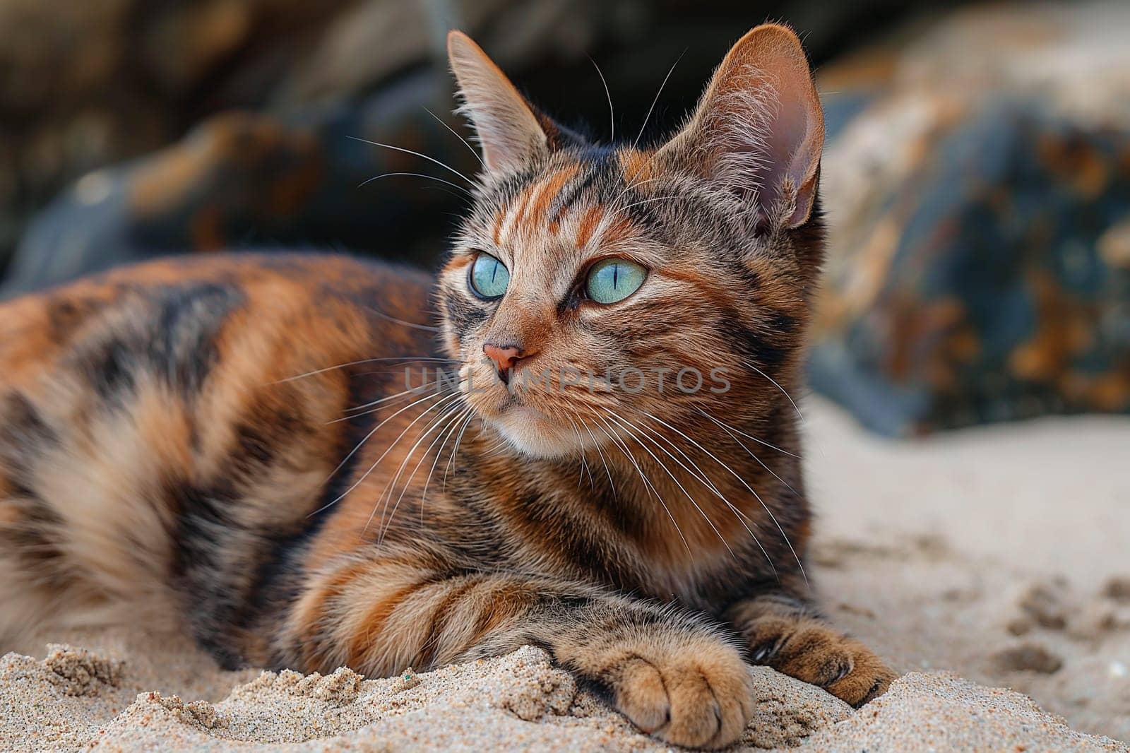 Tortoiseshell cat relaxing at beach on sunny day