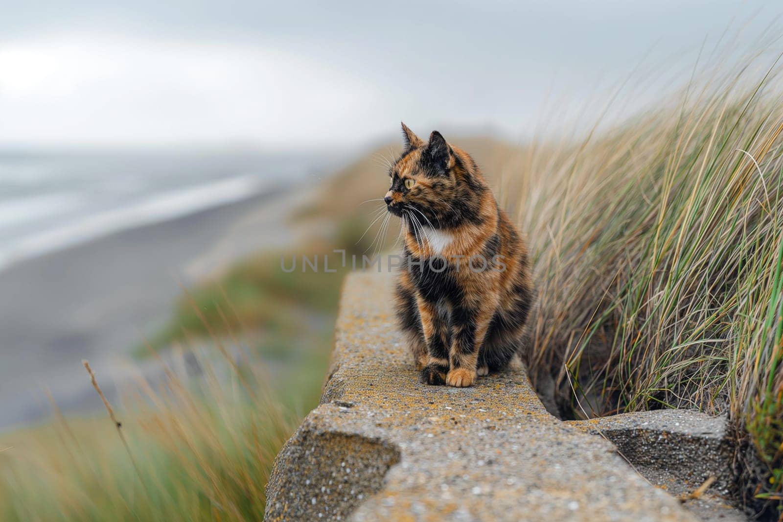 Tortoiseshell cat relaxing at beach on sunny day