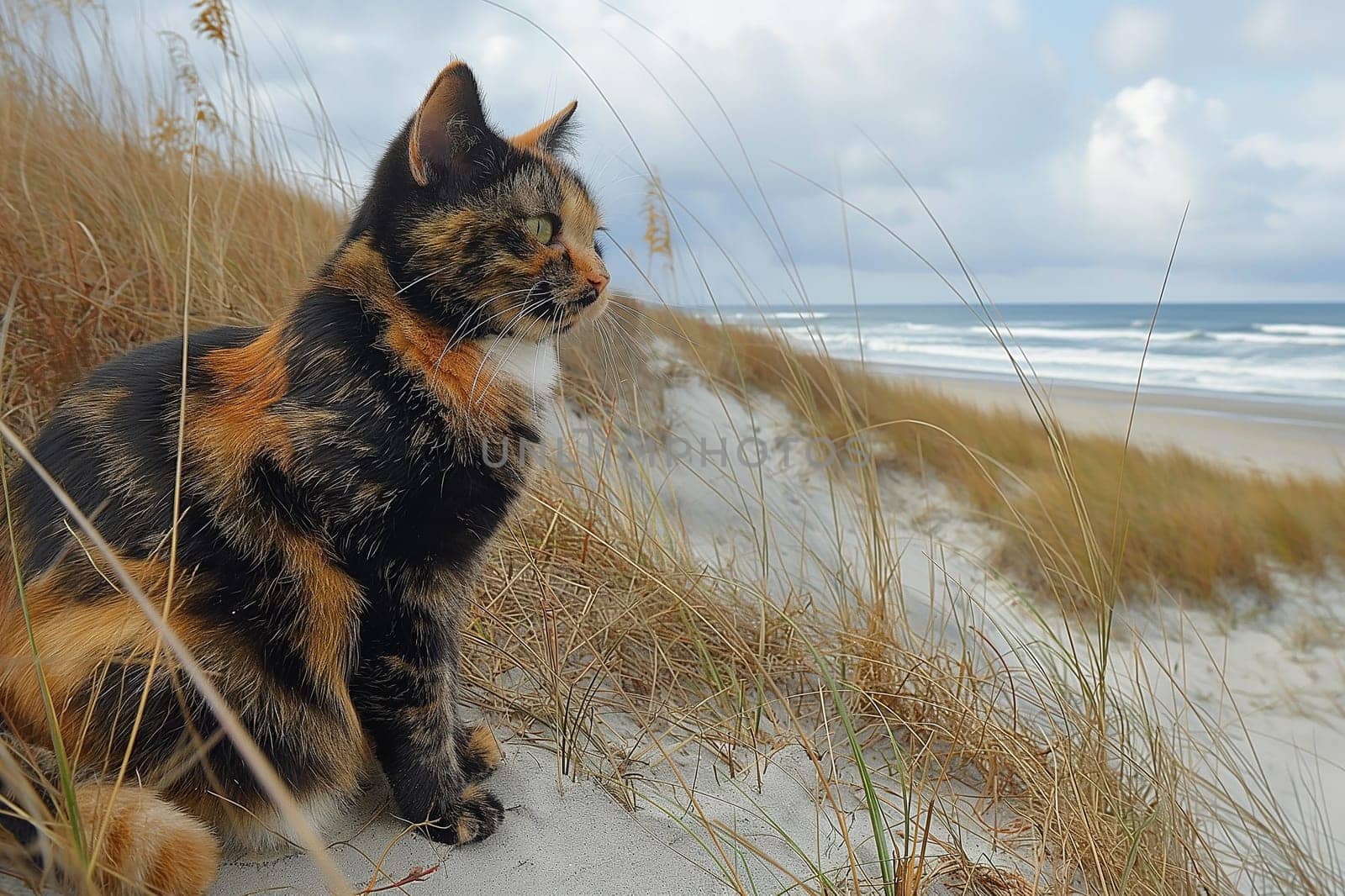 Tortoiseshell cat relaxing at beach on sunny day