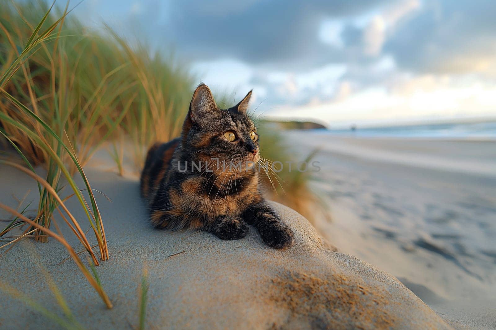 Tortoiseshell cat relaxing at beach on sunny day