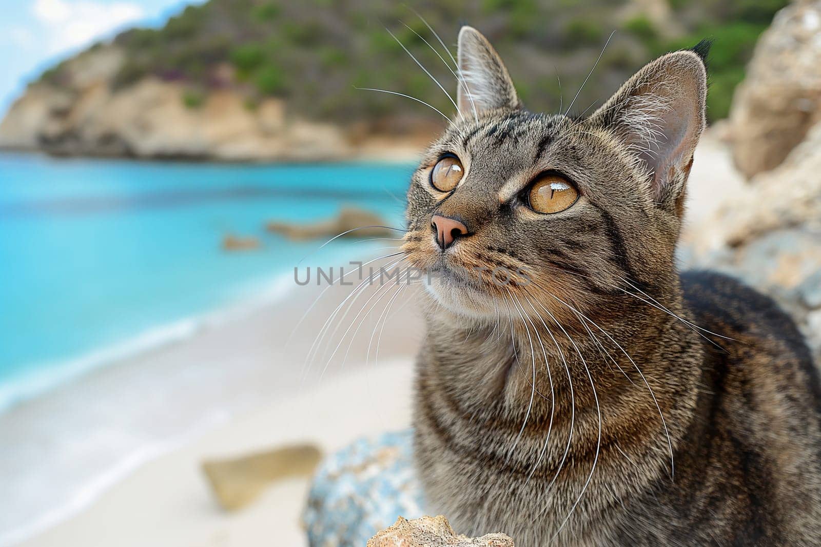 A cat on a beach looking at the sea, in a sunny beautiful sunny day