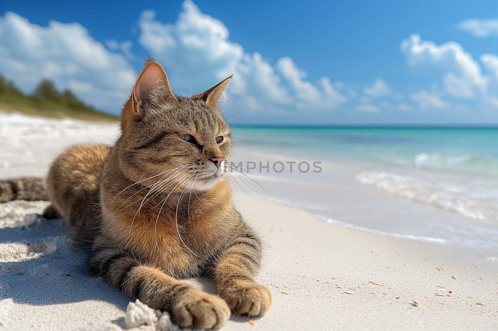 A cat at the beach relaxing sitting on sand on a sunny beautiful day