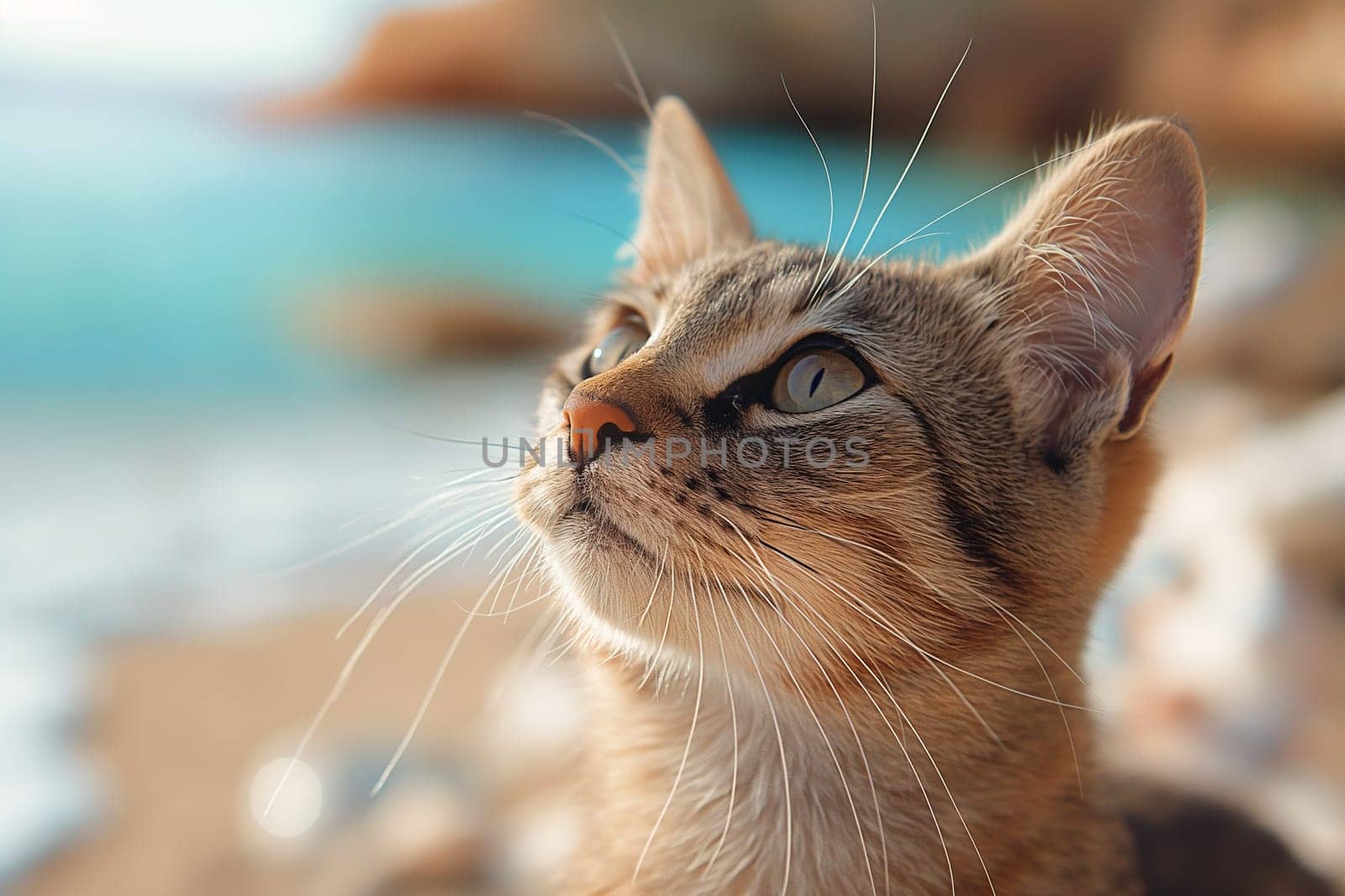 A cat on a beach looking at the sea, in a sunny beautiful sunny day