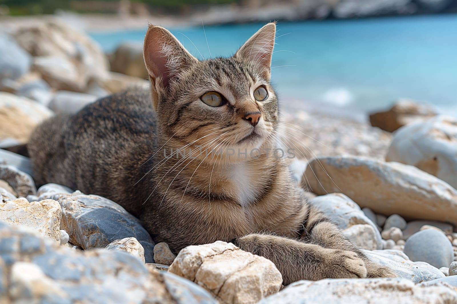 A cat on a pebble beach on sunny day