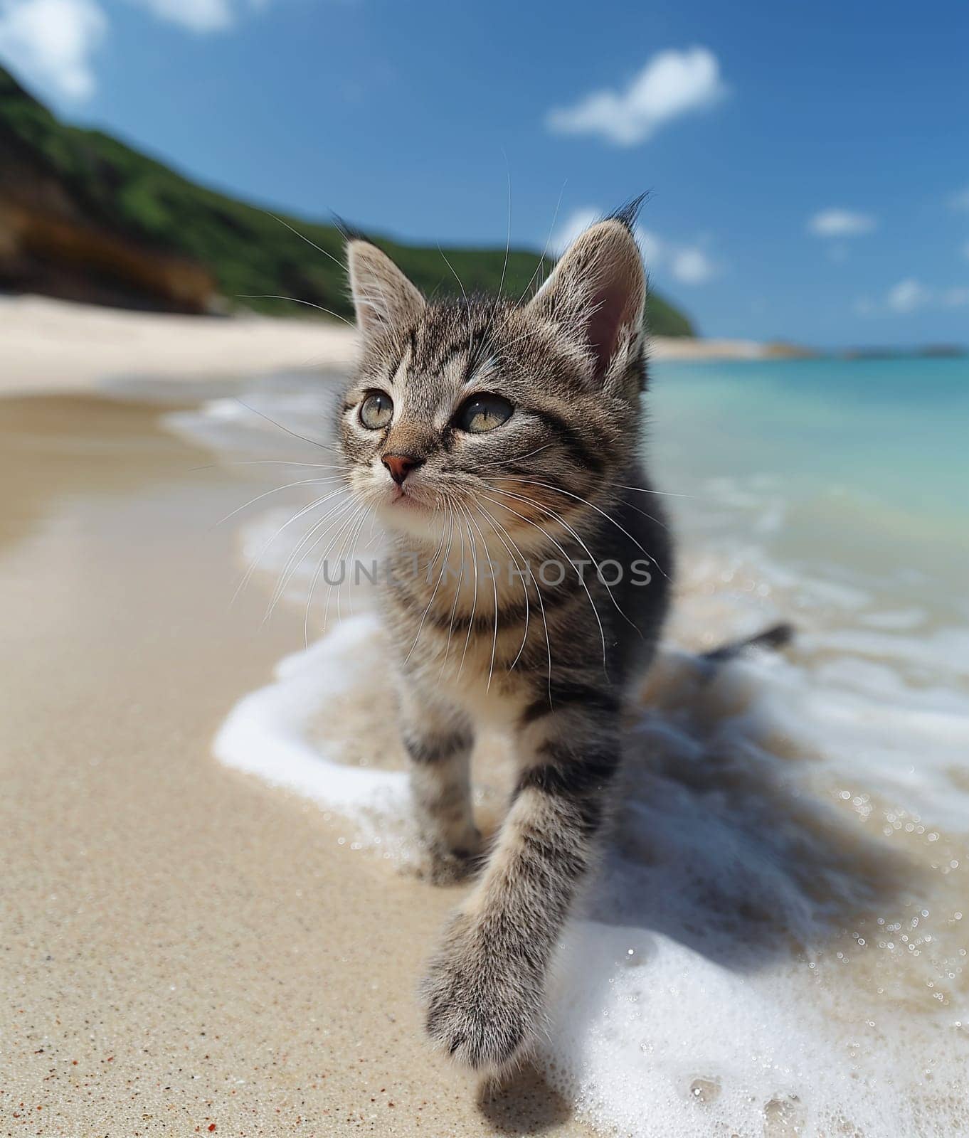 A cat walking at the beach with beautiful sunset, peaceful day