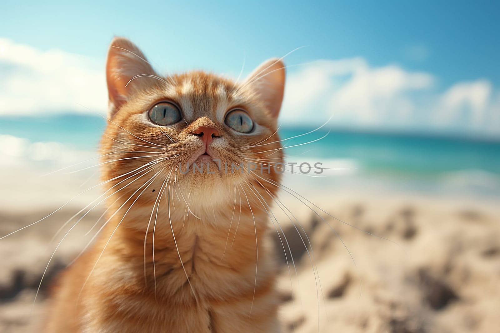 A cat on a beach looking at the sea, in a sunny beautiful sunny day