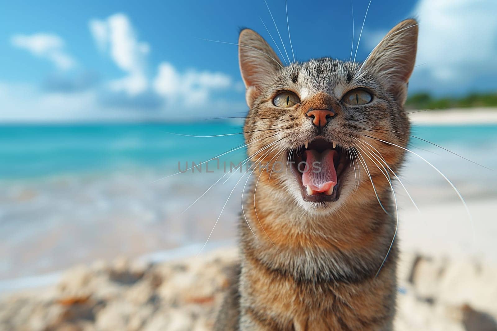 An orange cat yawing at the beach