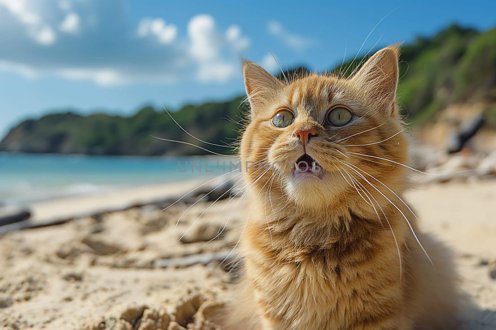 An orange cat yawing at the beach