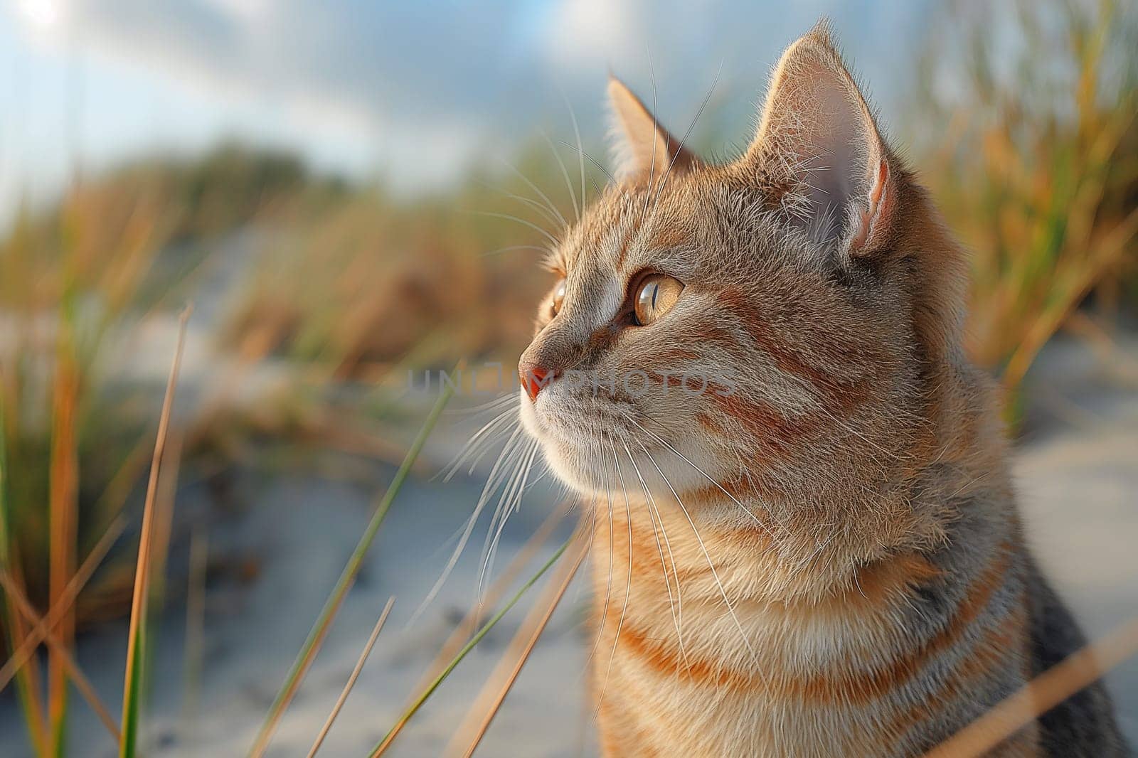 A cat on a tropical beach on sunny day