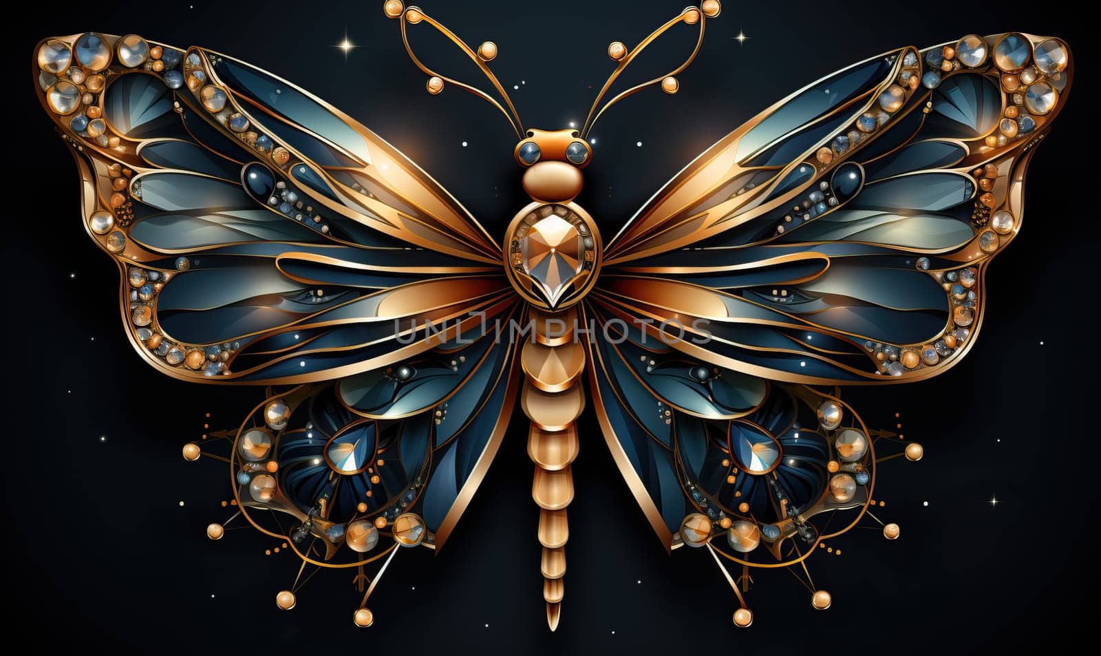 Gold and Blue Butterfly on Black. Generative AI by Fischeron