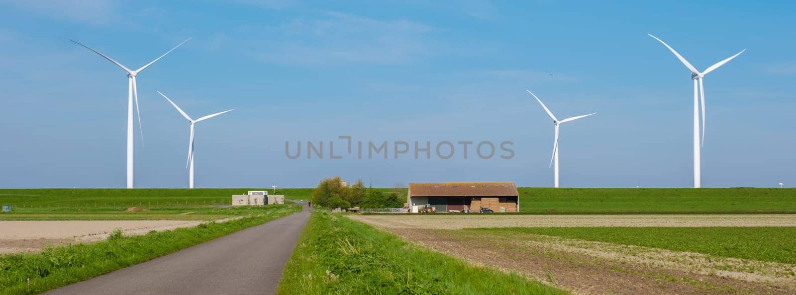A road winds through a vast field, bordered by towering wind turbines in the background. The scene captures the harmony of nature and technology in motion by fokkebok