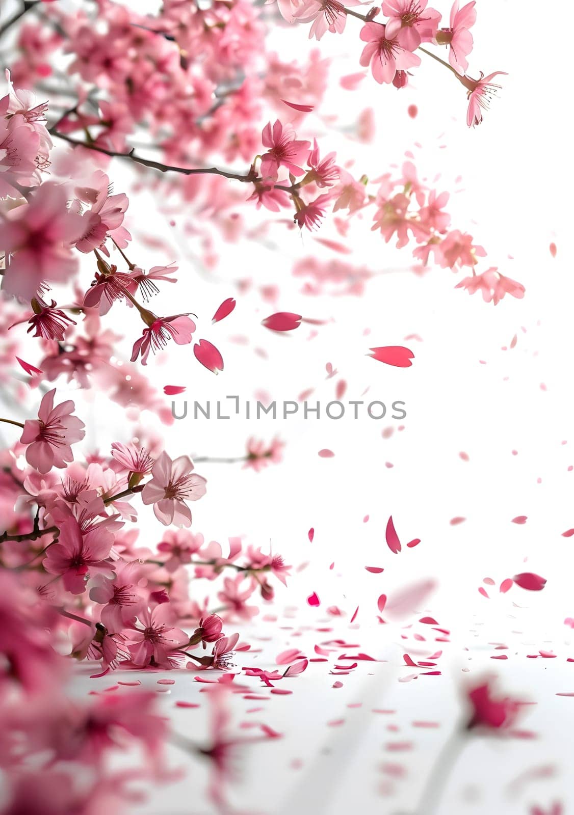 Magenta petals are gracefully drifting from the cherry blossom tree, creating a beautiful pink carpet on the ground below