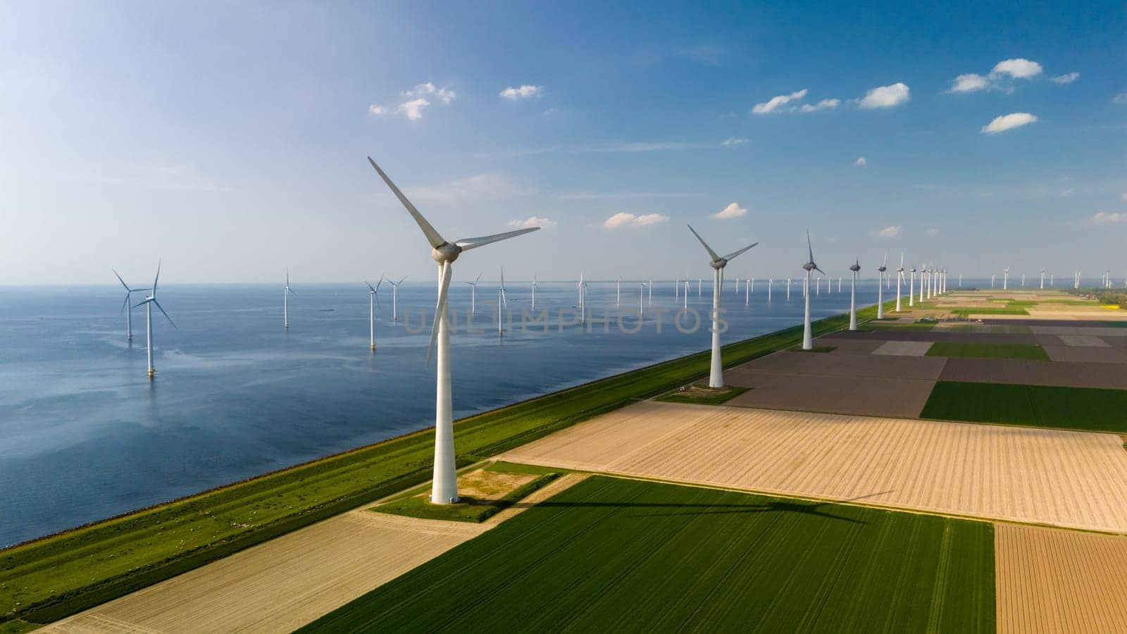 A line of wind turbines gracefully turning in the breeze beside a vast expanse of water, creating a harmonious blend of nature and technology by fokkebok