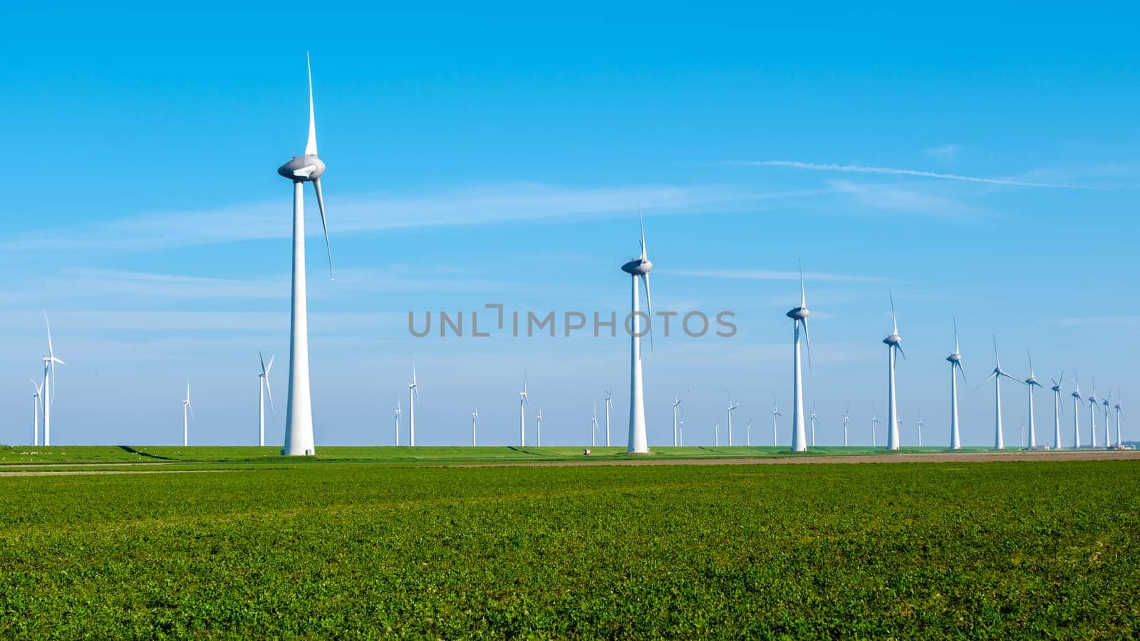 A row of majestic wind turbines standing tall in a lush, green field of the Netherlands Flevoland, harnessing the power of the wind to generate renewable energy. windmill turbines with a blue sky