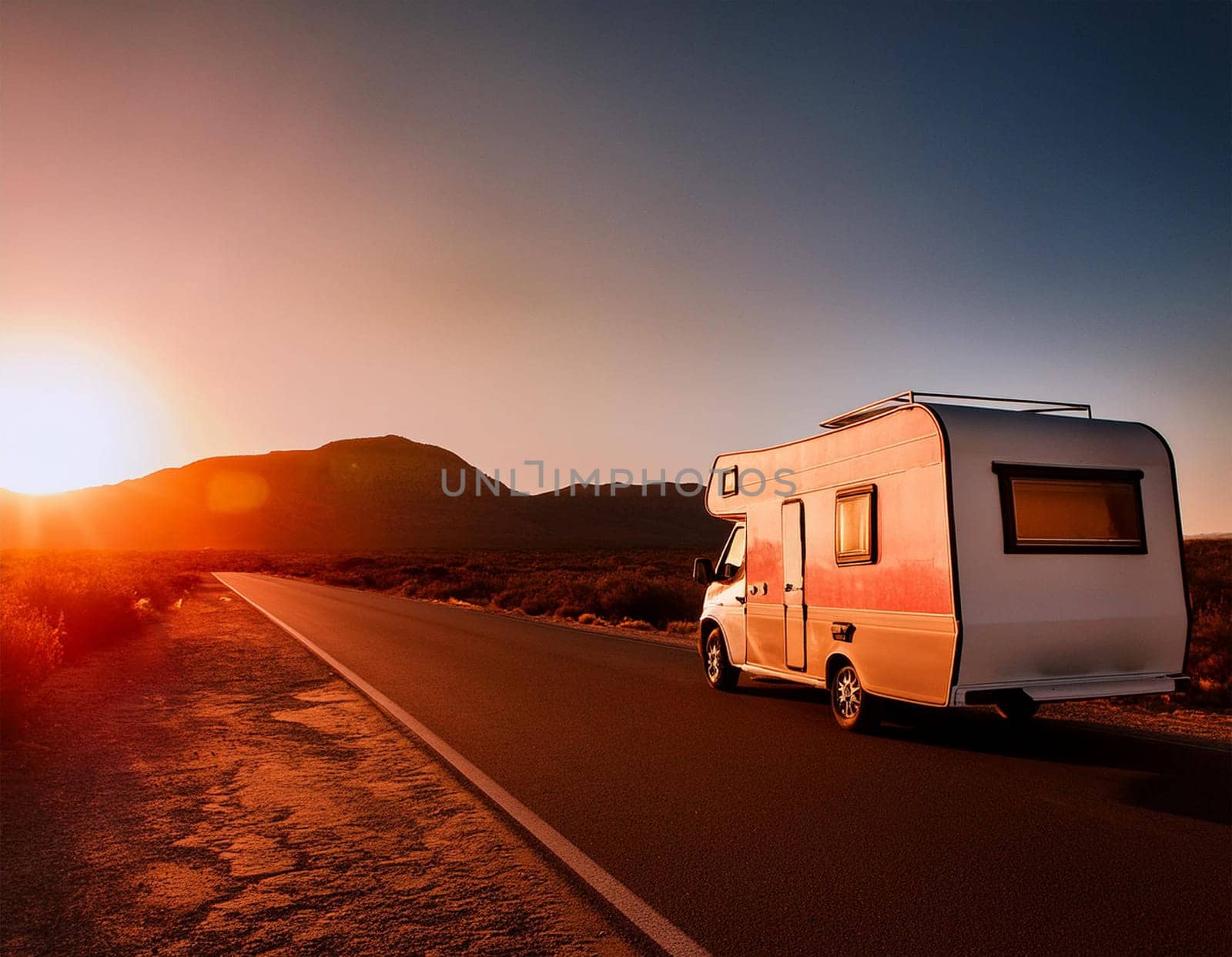 Motorhome at sunrise on the Mediterranean coast Costa del Sol, Andalusia Spain. Camping on the natural beach. Vacation and travel in a motorhome.
