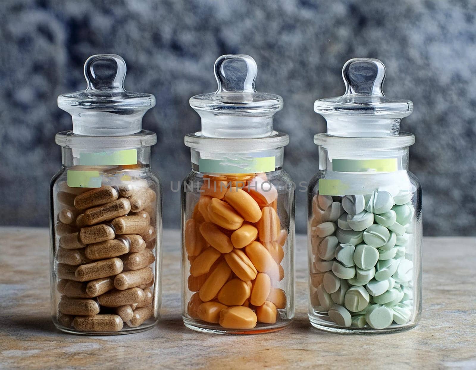 Multicolored medication pills in jars by JFsPic