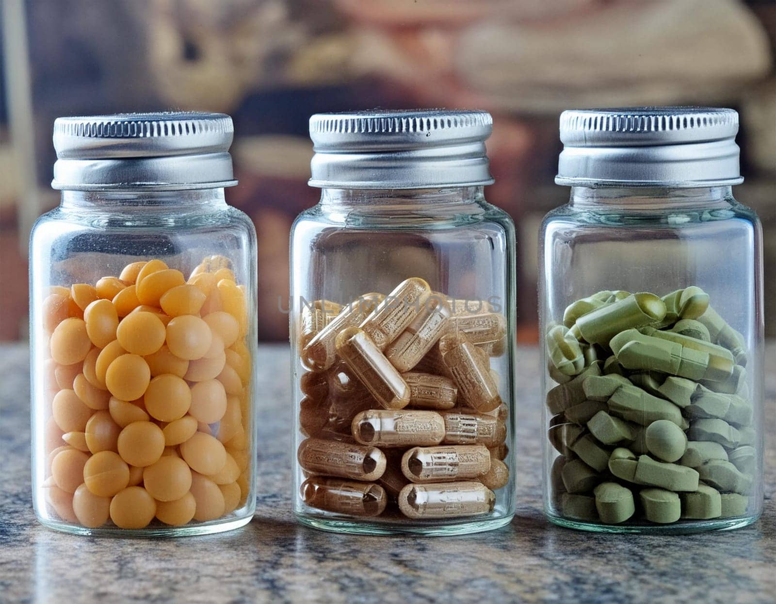 Multicolored medication pills in jars by JFsPic