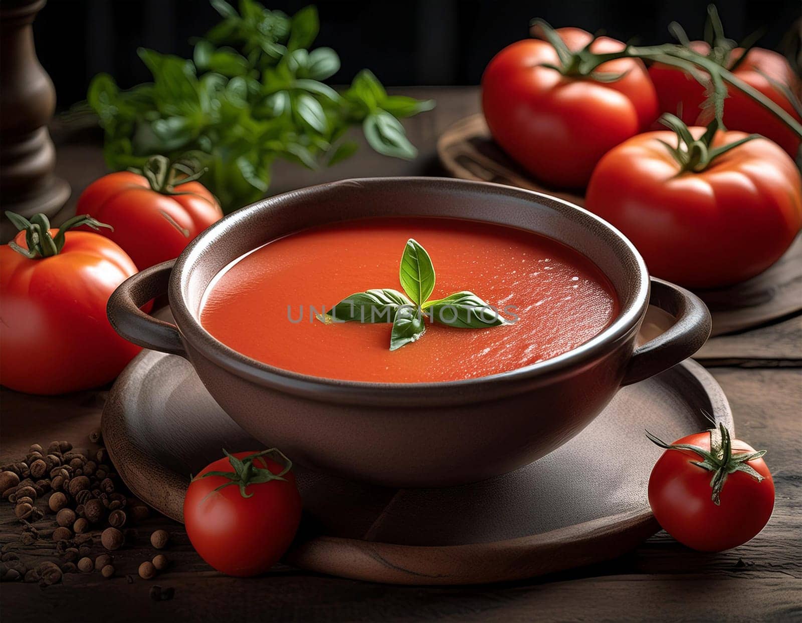Tomato soup with basil in a bowl. Dark background. Close-up. View from above.