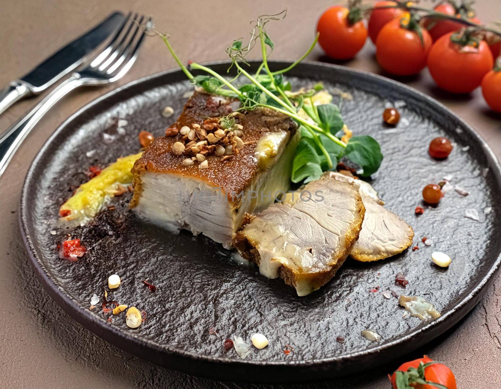 Fried pork with herbs and spices on black stone table. Long banner format by JFsPic