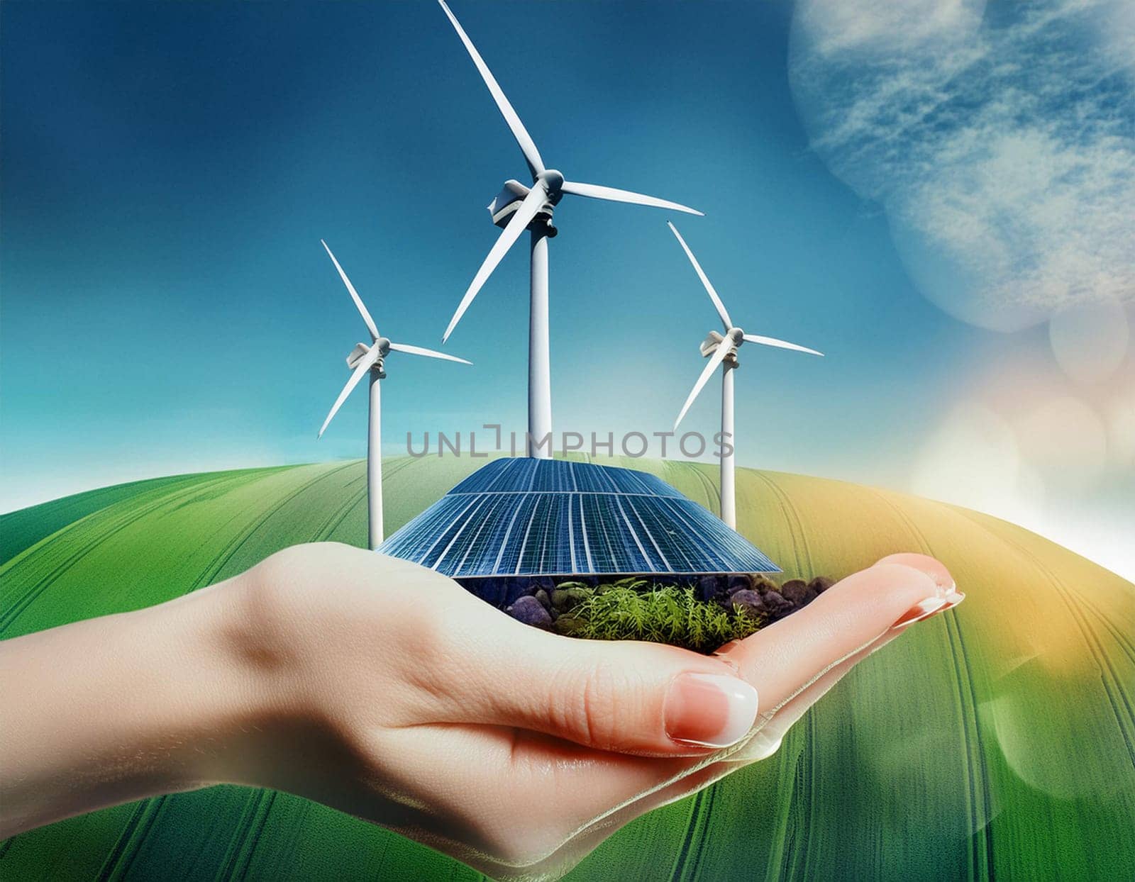 Wind turbine on human hand in front of the sky (Digital Composite)