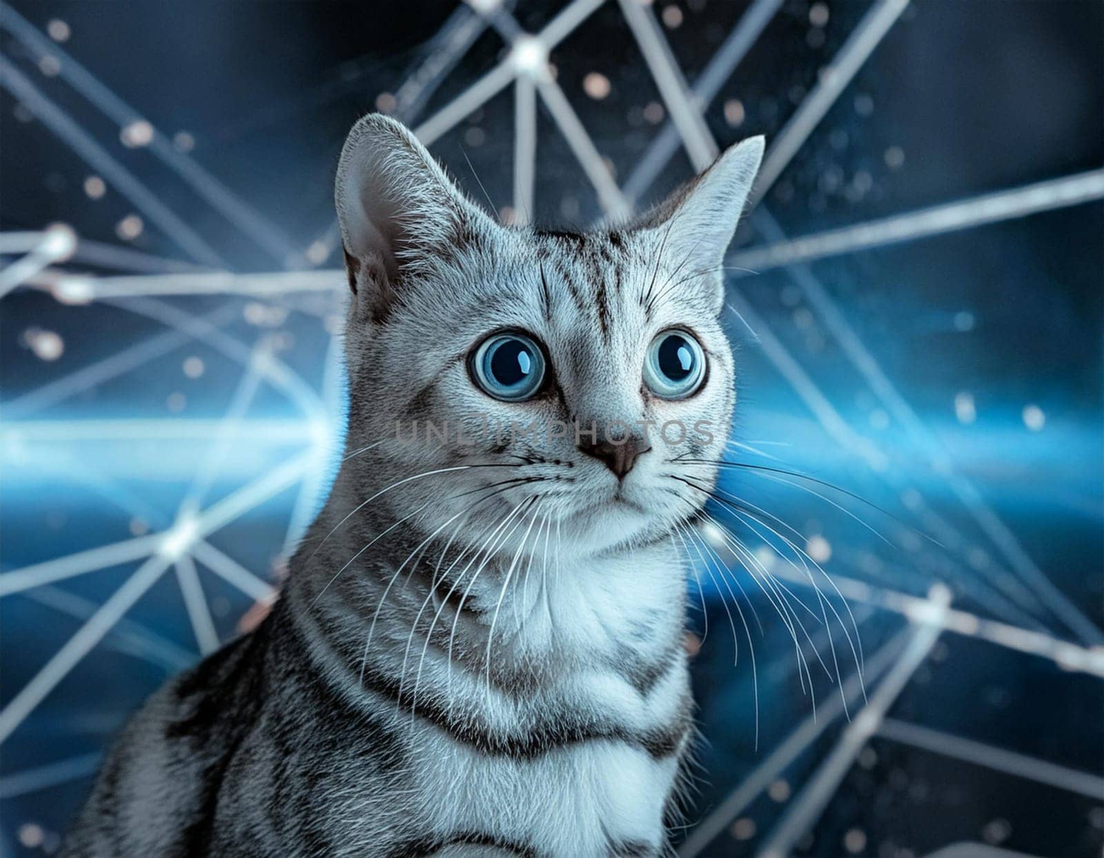 Close-up cat portrait against futuristic blue background by JFsPic