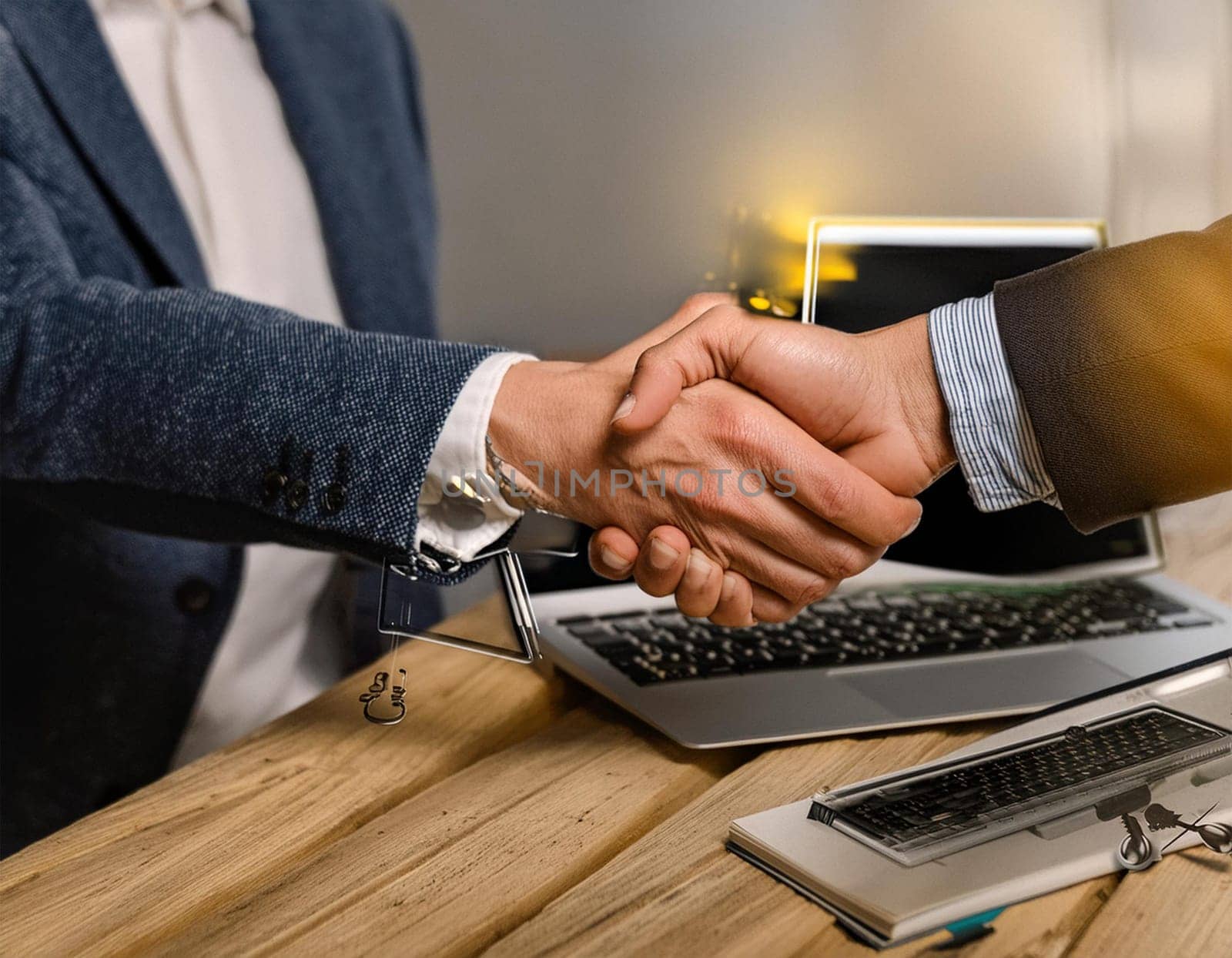 Handshake concept between a businessman and a person from the laptop screen.